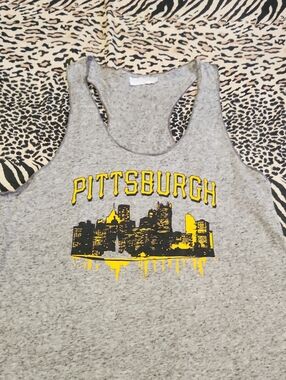 Grey Pittsburgh Skyline Racerback Tank Top with Yellow Graphic